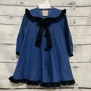 Little Precious | Vintage Girls Denim and Black Velvet Bow & Trim Dress Size 3T